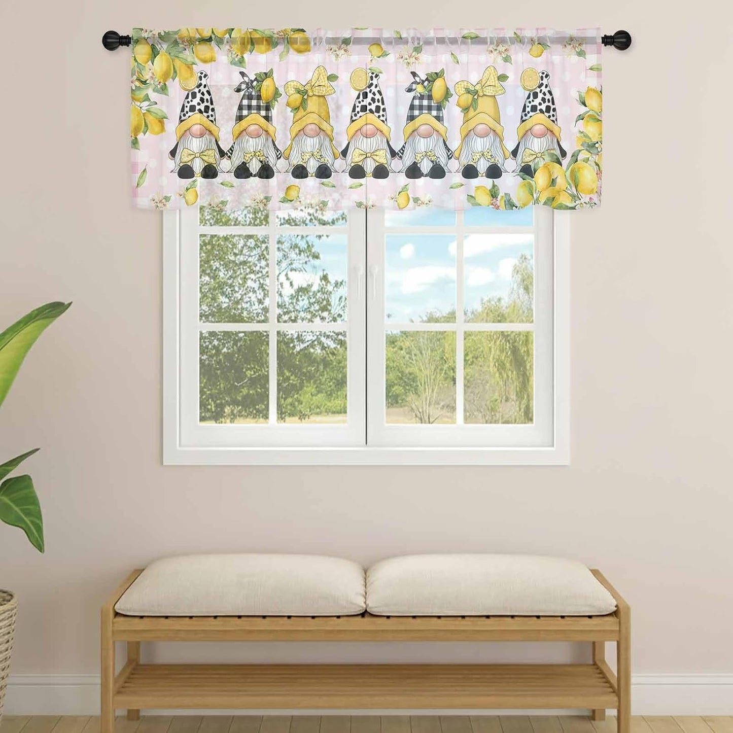 Lemon Gnomes Sheer Curtains Valances for Windows Summer Fruits Botanical Pink Plaid Chiffon Kitchen Valances for Cafe, Rod Pocket Voile Window Treatments Curtains for Living Room Bedroom, 54"x18"