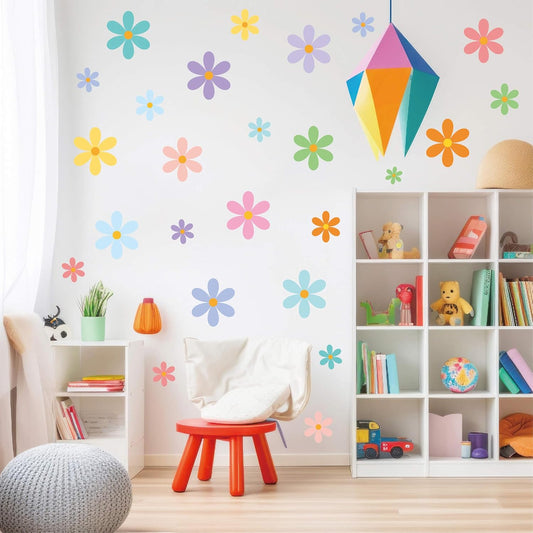 Dayker 144Pcs Cute Daisy Wall Decals, Colorful Flowers Wall Sticker, Removable Pink Purple Blue Boho Floral DIY Art Decor, Pastel Daisy Vinyl Wallpaper for Bedroom Nursery Dorm Fairy Party Supplies