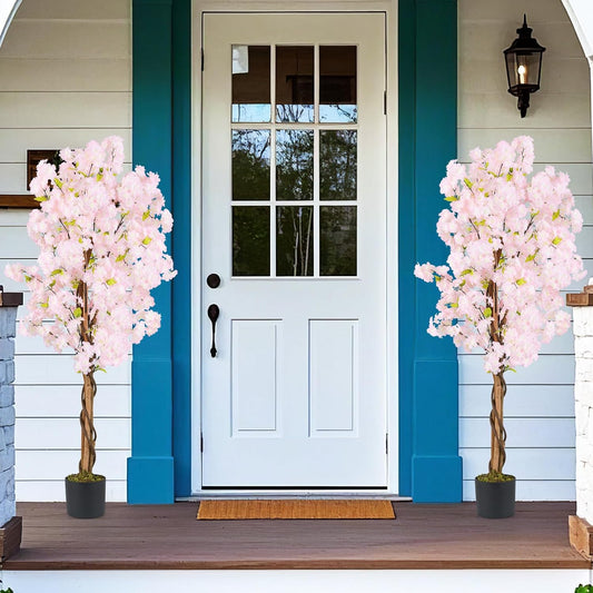 GOFLAME 5FT Artificial Cherry Blossom Tree, 2 Pack Faux Pink Silk Plant with Solid Wood Trunk, Realistic Moss and Nursery Pot, Fake Sakura Flower Tree for Home Office Indoor Decor