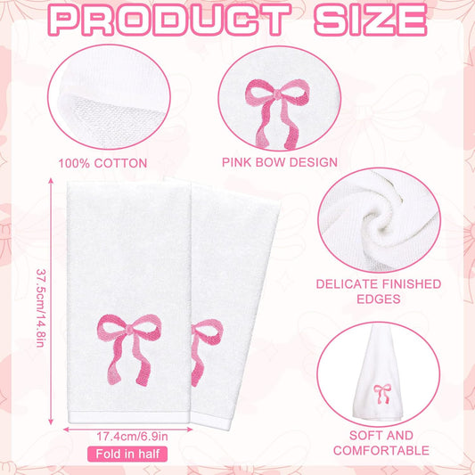 FYSUIMU 2Pcs Pink Bow Hand Towels Cotton Embroidered Bathroom Towels Coquette Bowknot Absorbent Bath Towel for Hand Drying Cleaning Cooking, 29.5 x 13.7 Inch