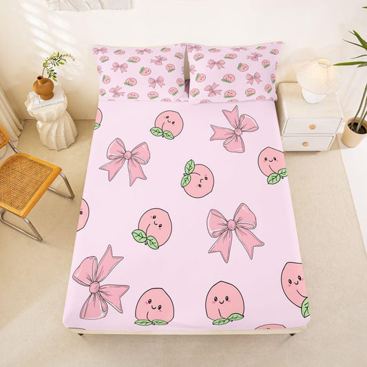 Erosebridal Bowknot Bed Sheets Set King Peach Sheet Set Cute Cartoon Peaches Kawaii Pink Bow Sheets Fruit Princess Ribbon Bowtie Flat Fitted Sheet