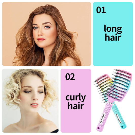2 Pack Detangling Brush Getting Knots Out without Pain Adds Shine and Makes Hair Smooth,Detangler Boar Bristle Hair Brush for Adult & Kids Wet or Dry Hair(Green&Pink)