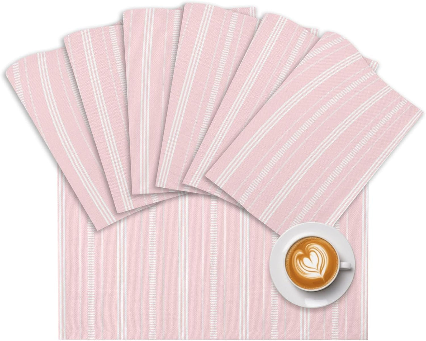 Boho Pink Placemats Set of 6, Cotton Linen Fabric Place Mats, Minimalist Farmhouse Striped Washable Decorative Table Mats Protector for Home Kitchen Dining Wedding Party Coffee Tables