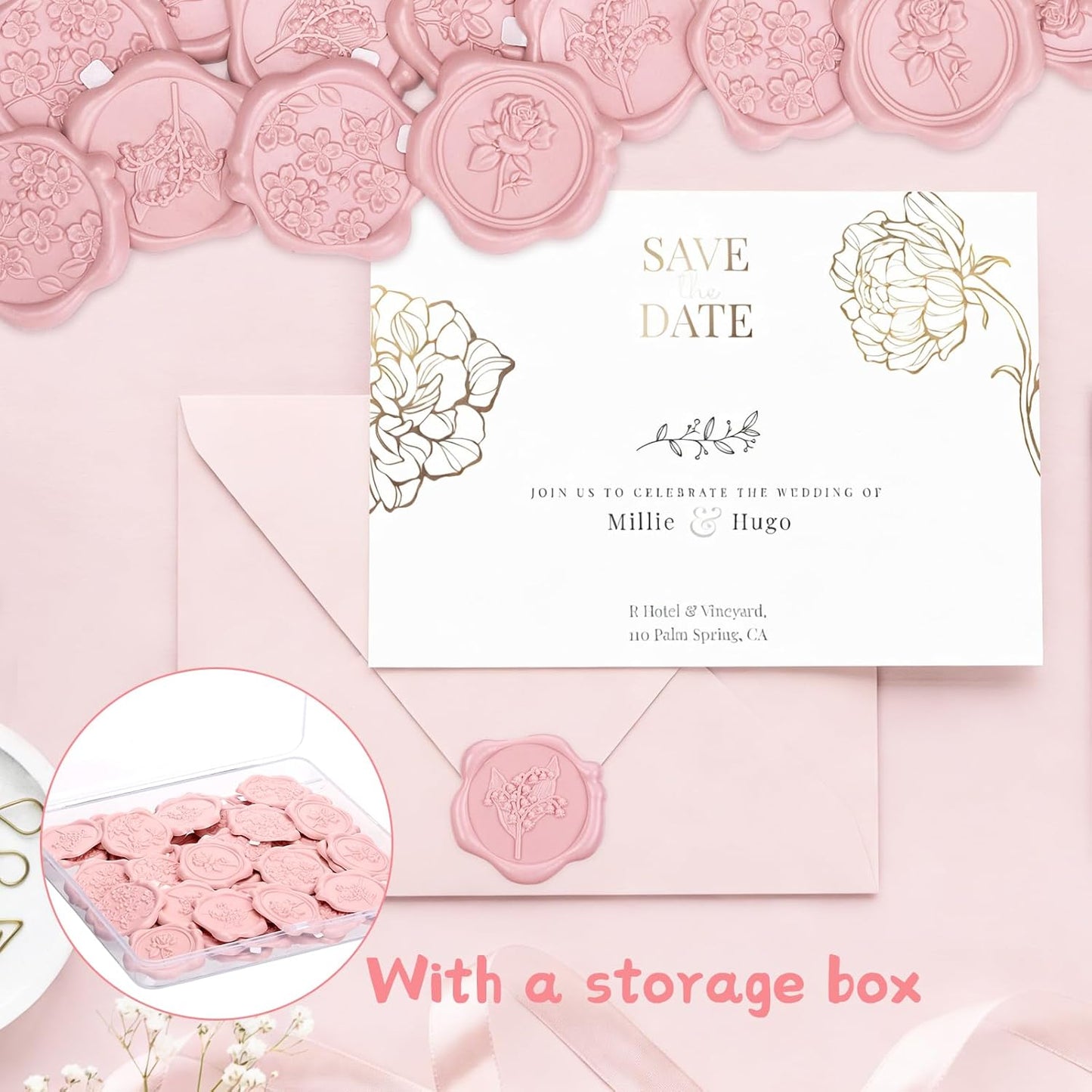 60Pcs Wax Seal Stickers, Wedding Invitation Envelope Seal Stickers Adhesive Backed Blush Pink for Wedding, Party,Valentine's Day,Mother's Day, Gift Wrapping (4 Flower Styles)