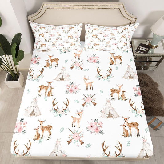 Erosebridal Sika Deer Bed Sheets Set Twin Tent Sheet Set Cute Animal Antlers Arrows Leaf Sheets Pink Peach Blossoms Elk Print Flat Fitted Sheet