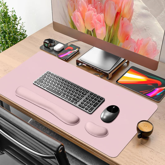 Mouse Pad and Keyboard Wrist Rest, Large Keyboard and Mouse Pad Set, Ergonomic Mousepad with Wrist Rest, Non-Slip Desk Mat Protector for Office, Home (31.5×15.7 Inches, Pink)