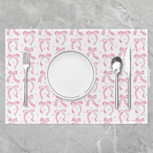 jejeloiu Watercolor Bow Placemats Set of 4 Pink Bow Table Mats for Party Kitchen Dining Decoration Girls Bow Place Mat for Table Holiday Decor Indoor Outdoor 18"x12" Non-Slip Easy to Clean Washable