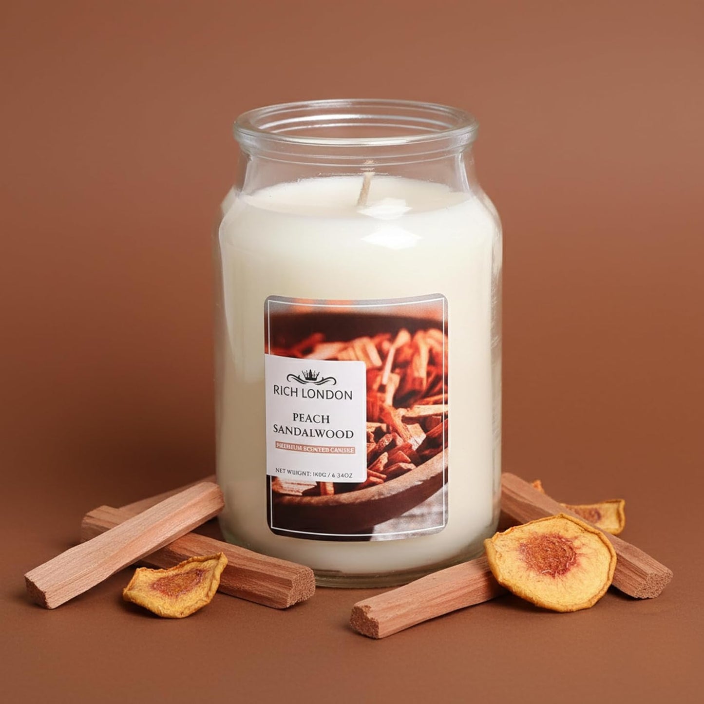 Rich London Peach Sandalwood Jar Candle – Highly Scented Soy Wax Candle with Cotton Wick & Essential Fragrance Oils for Relaxing Aromatherapy, Home Décor & Gifting