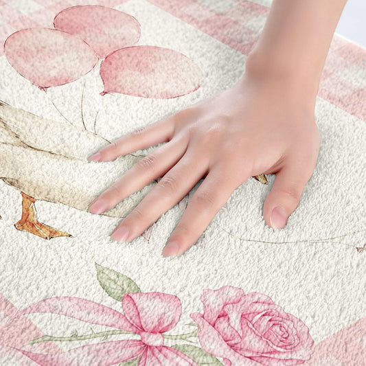 Erosebridal Cute Goose Bathroom Rug Non Slip for Girls - Romantic Bow Rose Balloon Bath Mat for Bathroom Pink White Gingham Door Mat for Bedroom,Coquette Duck Room Decor Entrance Rug 16"x24"
