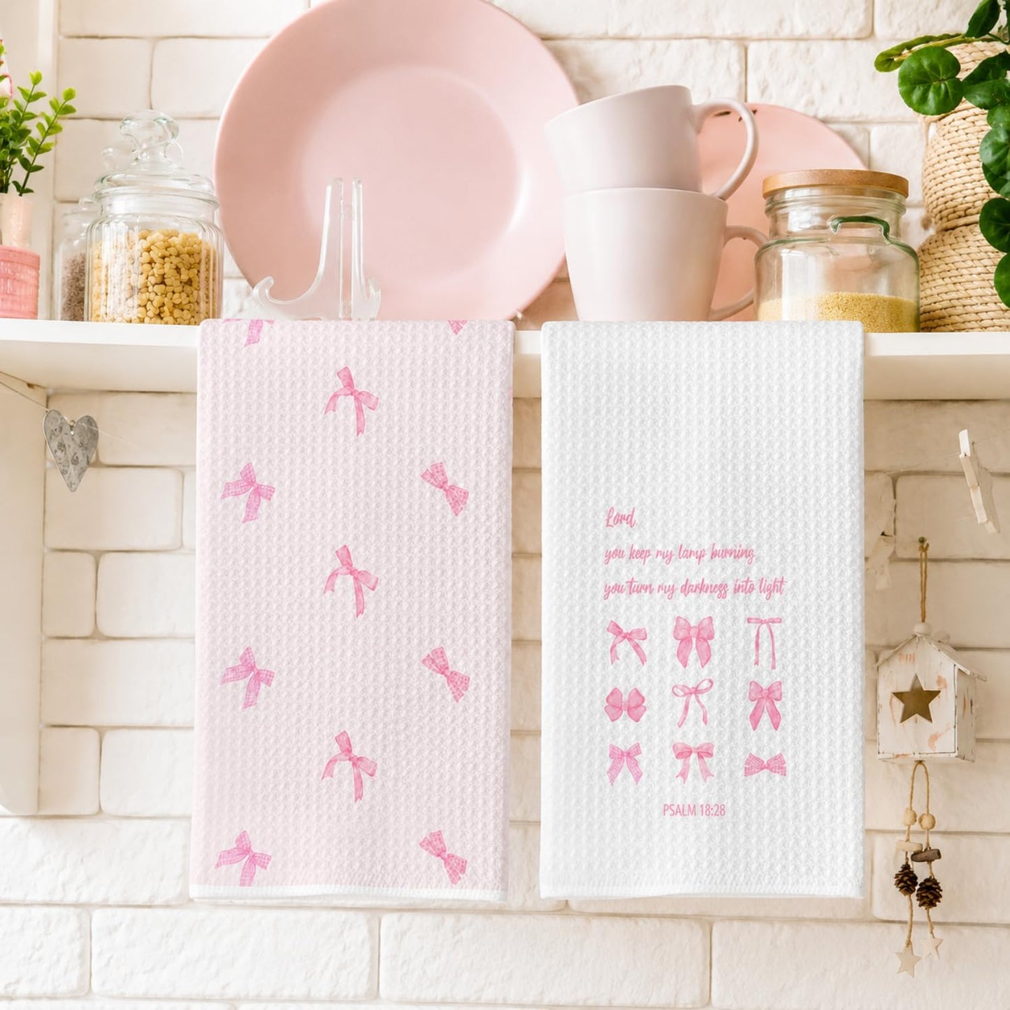 wuguimeii Coquette Pink Bow Kitchen Towels Set of 2 - Pink Bathroom Decorative Hand Towel - Preppy Girly Dish Tea Towels - Inspirational Verses16x24 inches