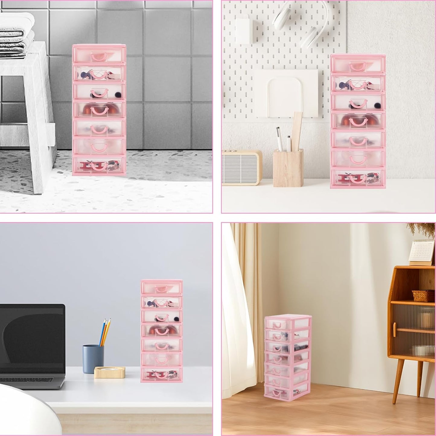 Rempry Mini Plastic Organizer with 7 Clear Drawers, 7.1"x5.1"x13.2" Small Storage Drawers Containers for Desk, Counters, Cabinets, Pink