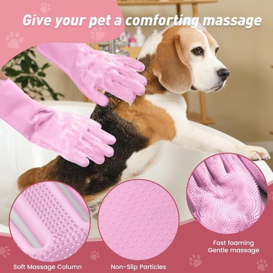 Pet Shower & Bath Supplies,Dog Shampoo Brush Set with Towel, Washing Gloves,Comb for Dogs and Cats (PINK)