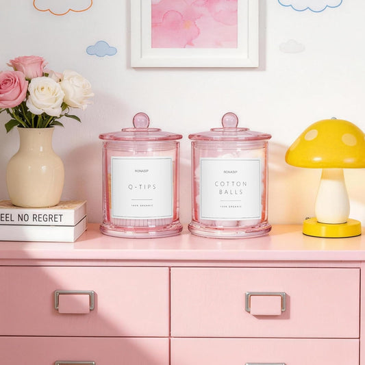 Ronasip Qtip Holder & Cotton Pad Dispenser, Bathroom Organizer and Storage Canisters, 16oz Glass Apothecary Jars for Kitchen, Restroom - Home Decor Accessories, Room Decor Aesthetic (2 Pack, Pink)