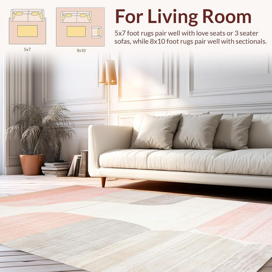 Flatwoven High Traffic Area Rug 4x6, Ivory Pink Abstract, Non Slip, Stain Resistant, Washable Area Rugs for Living Room, Bedroom (Peach, 4x6)
