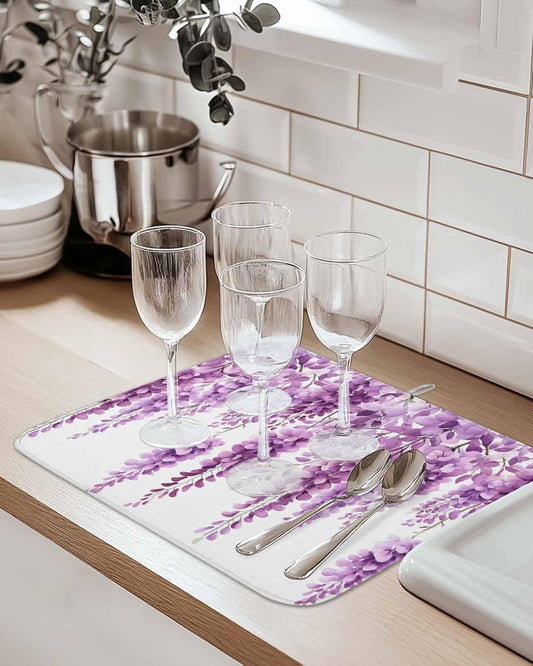 Dish Drying Mat Wisteria Floral Drying Mat for Kitchen Counter Light Pink Leaf Dish Pads Absorbent Microfiber Machine Washable 16 x 18 Inches