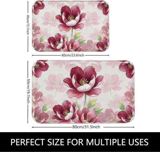 Floral Quick Dry Bath Mat, Vintage Peach Peony Pattern Absorbent Non Slip Shower Mat, Spring Decorative Washable Bath Rugs for Bathroom Toilet Restroom 16x24 Inch