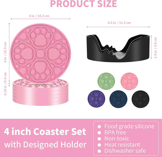 Pink Silicone Coasters Set of 6 with Holder, 4 Inch Non-Slip Decorative Drink Coasters for Bar, Beer, Coffee, Waterproof Cup Mats for Tabletop and Desk Decor, Dishwasher Safe, Cute Housewarming Gift