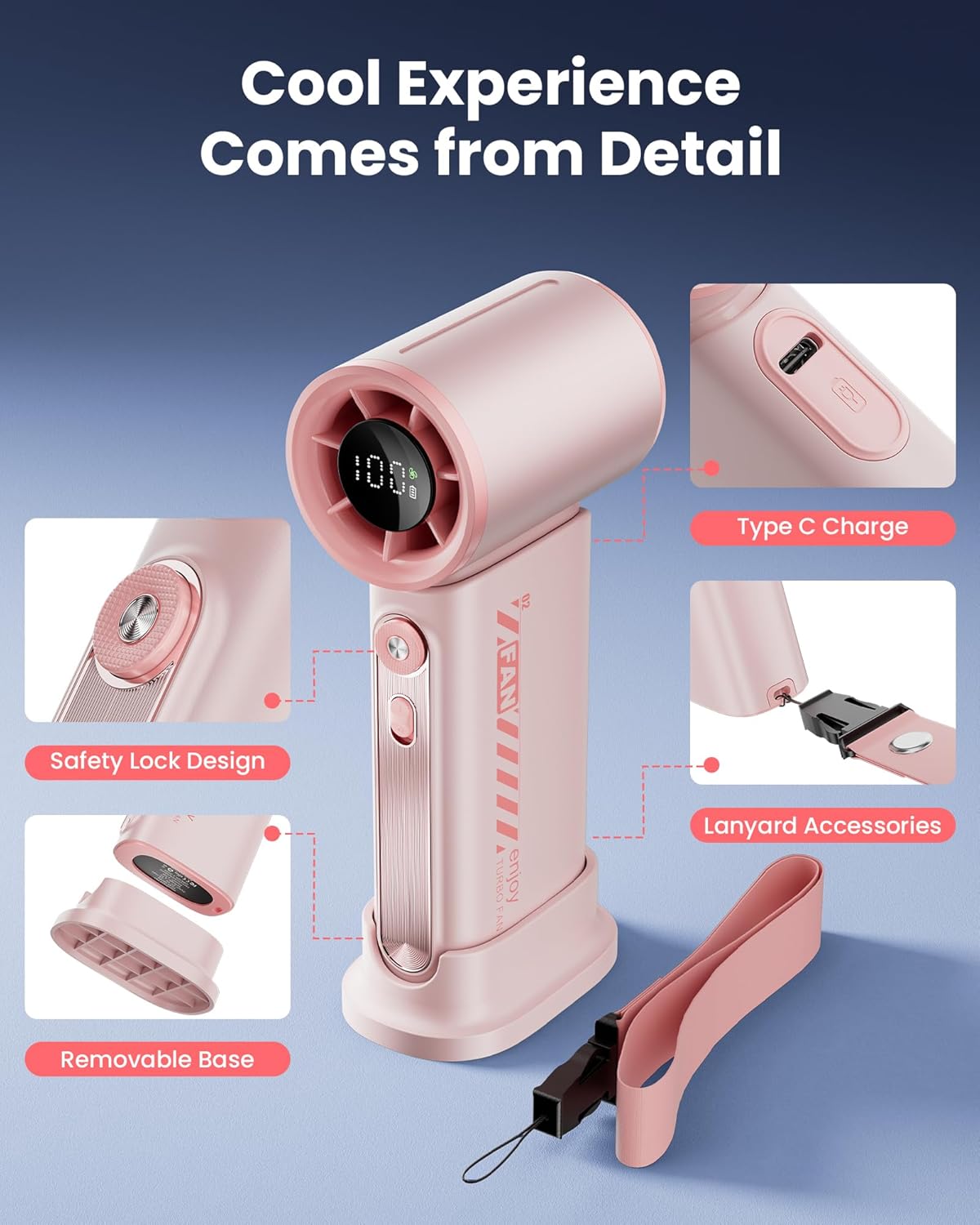 Koonie 19000 RPM High Speed Portable Handheld Fan,100 Speeds Mini Turbo Fan, 3600mAh, 12H Max Cooling Time, Digital Display, 5" Height, Rechargeable Hand Fan for Outdoor Indoor Pink