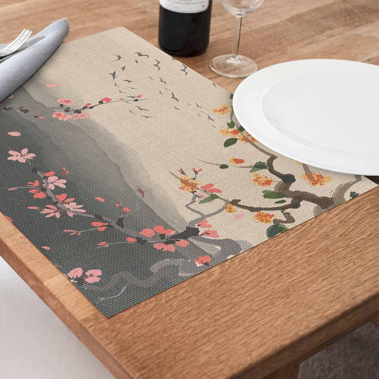 Chinese Ink Painting Placemats Set of 6, Washable PVC Kitchen Table Mats Place Mats, Pink Peach Blossom Branches Woven Vinyl Placemat for Dining Table, 13" x 19"