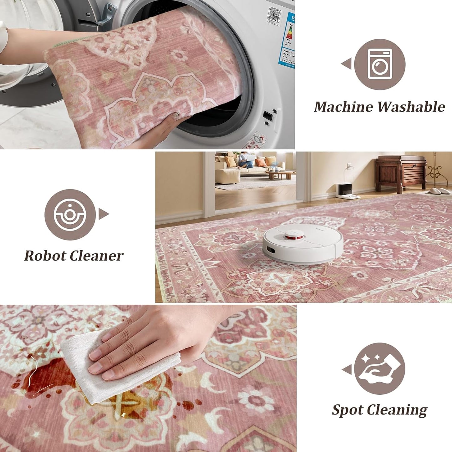 Vhong Washable 5x7 Area Rugs Vintage Boho Modern Pink Non Slip Large Carpet for Nursery Living Room Bedroom Farmhouse Dining Room Girls' Room