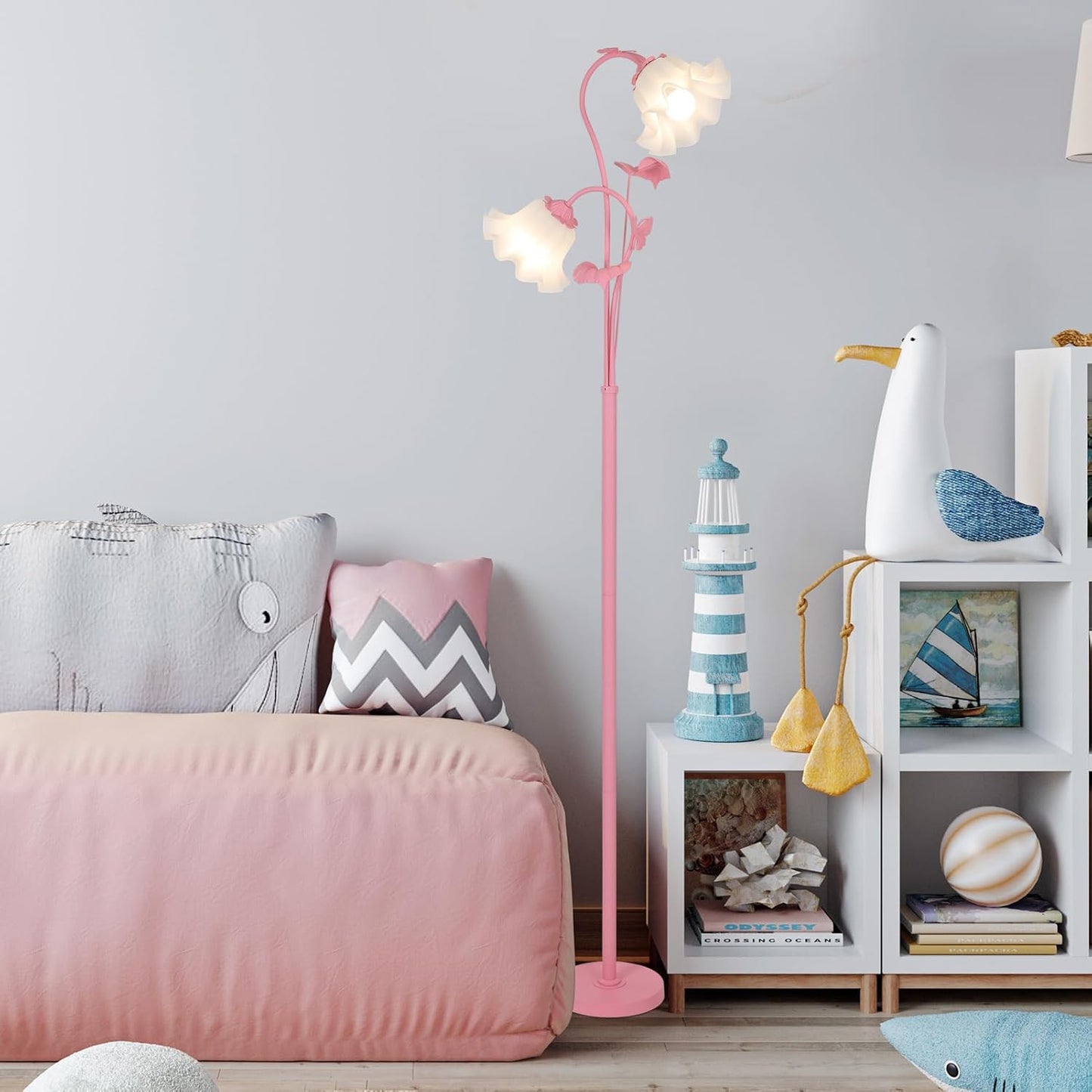 HMVPL Pink Flower Floor Lamp, Floral Standing Lamp with 2 LED 5W Blubs, Foot Switch, Modern Corner Tall Lamp with Acrylic Shade, Girls Cute Floor Lamp for Living Room Bedroom Office Kids Reading