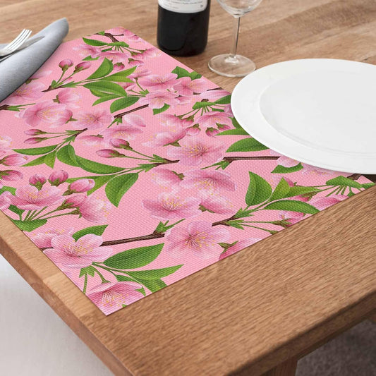 Pink Peach Flowers Placemats Set of 6, Washable PVC Kitchen Table Mats Place Mats, Spring Botanical Watercolor Floral Leaf Woven Vinyl Placemat for Dining Table, 13" x 19"
