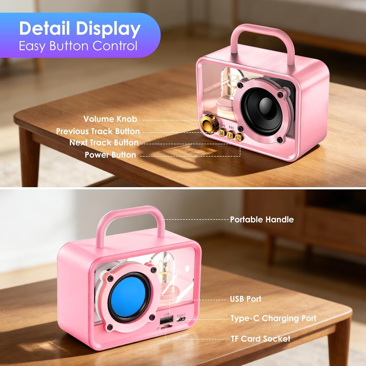 Cute Bluetooth Speaker with RGB Lights, Small Portable Wireless Speaker with Stereo Sound & Punchy Bass, Mini Gift for Kitchen Desk Bedroom Office Outdoor