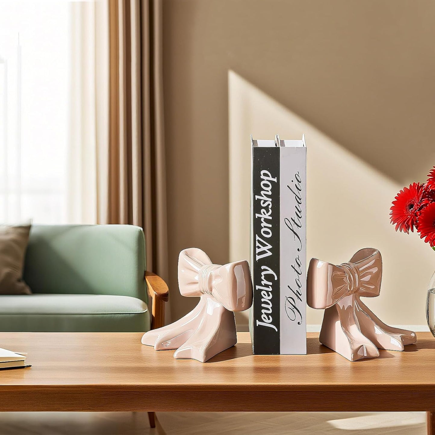 1 Pair Ceramic Bow Bookends Glossy Finish Desk Decor with Non-Slip Base, 4.3x3.5x4.3 Inch Shelf Organizers for Home/Dorm/Office (Pink)