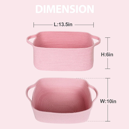 MEGASKET Pink Woven Storage Basket, Cotton Rope Gift Basket Empty, Cute Organizer for Girls, Decorative Baby Nursery Closet Bin, Pink Room Decor, Gift Ready Bin with Handle, Wicker Pet Toy Storage Box