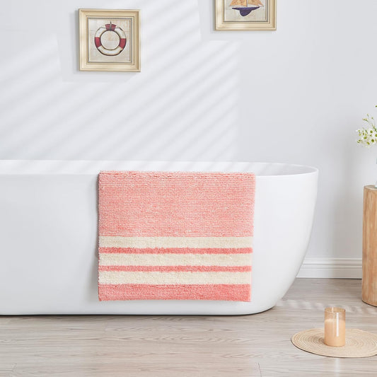 CozeCube Bath mats for Bathroom Non Slip, Fluffy Absorbent Microfiber Bath mat Washable, Aesthetic Bathroom Rugs, Small Blossom Pink Striped Bath mat, Blossom Pink, 24" x 16"