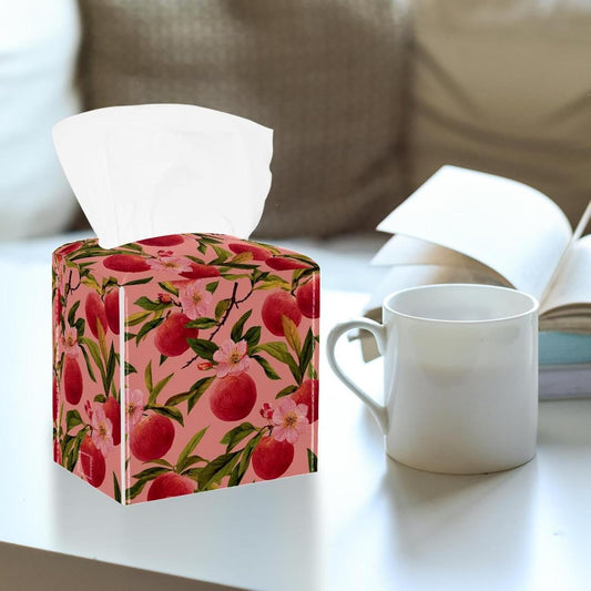 2 Pack Pink Peach Pattern (1) Tissue Box Cover, Square PU Leather Tissue Holder, Decorative Facial Tissue Cube Paper Organizer Dispenser for Bathroom, Night Stands, Desk, Car