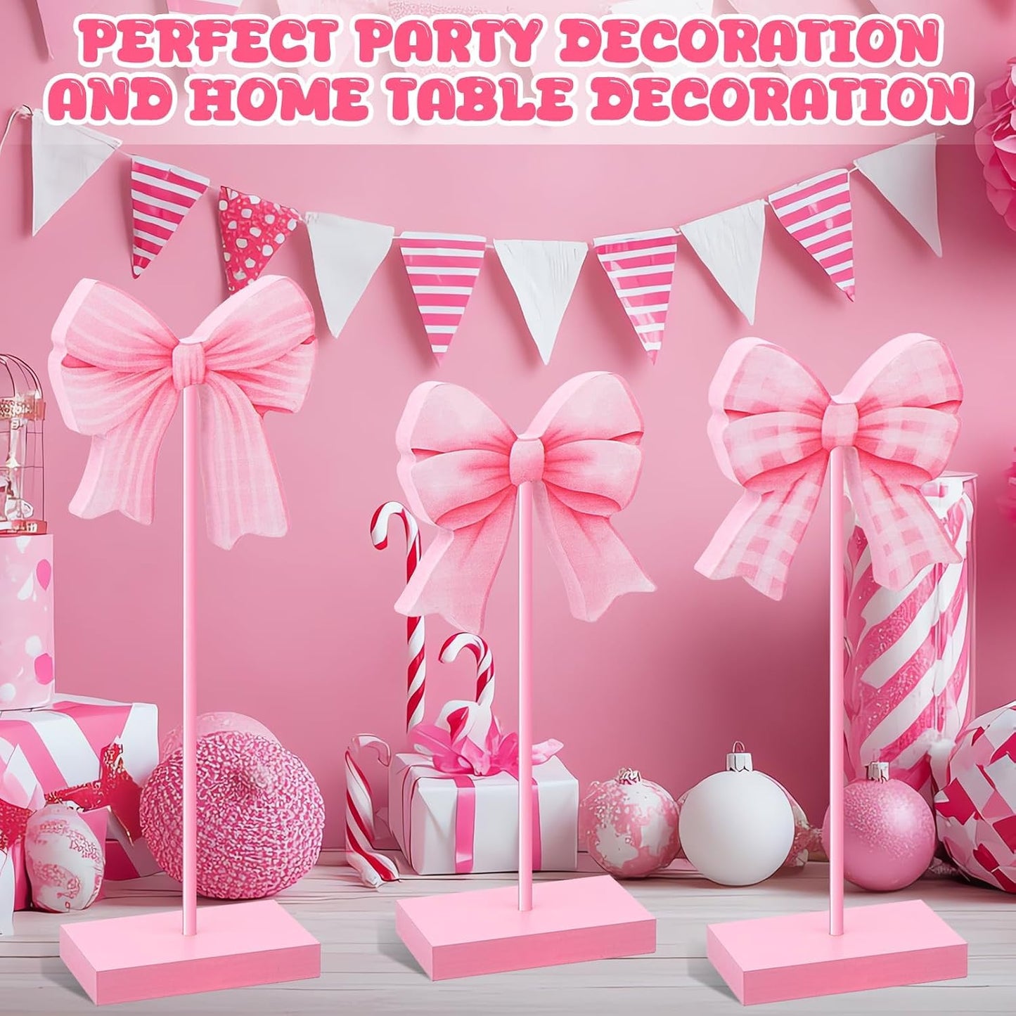 3 Pcs Small Bow Wooden Sign Tall Standing Block Coquette Room Decor Bow Centerpieces for Table Topper Girly Coquette Party Tiered Tray (Pink Bow)