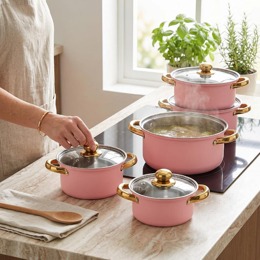 Zerodis 5Pcs Stainless Steel Stock Pot Sets, 16cm/18cm/20cm/22cm/24cm Sauce Pans with Transparent Glass Lids and Handles for Kitchen Cooking Boiling Frying Stewing (Pink)