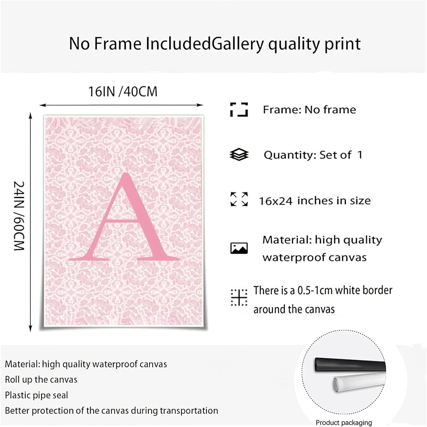 Pink Canvas Prints Modern Wall Art Personalized Initial Poster Floral Initial Print Simple and Romantic Pink Alphabet A Poster16x24 Inch Frameless Waterproof Painting for Home Gallery Hallway Entrance