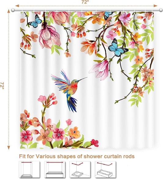 Watercolor Hummingbird Floral Shower Curtain, Spring Summer Shower Curtain Pink Peach Blossom Butterfly Bird Bathroom Curtains Decor, Waterproof Polyester Fabric Bath Curtain Set with Hooks, 72 x 72