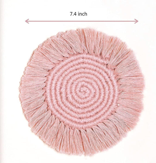 MIKEBE 2 PCS Coasters for Drinks, Boho Coasters,Macrame Coasters with Tassels,Table Decor Bohemian Braided Coasters,Coaster Set for Home,Office and Bar,Housewarming Gift-Pink, 7.4IN