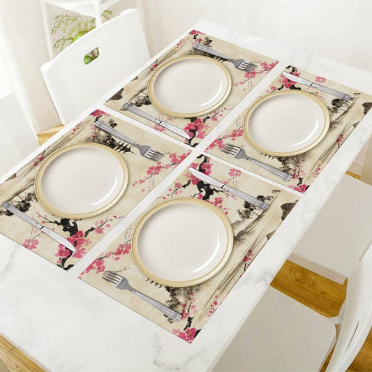 Chinese Placemat,12x18 Inch Set of 4, Pink Cherry Blossom Japanese Asian Ink Painting Landscape Anime Nature Oriental Coffee Table Mats Home Outdoor Party Kitchen Dining Table Decoration