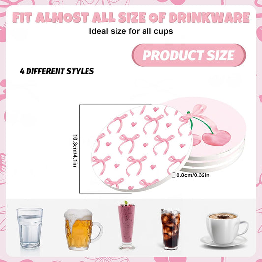 FYSUIMU 4Pcs Pink Bow Coasters Cute Coquette Bowknots Ceramic Drink Coasters Absorbent Bow Cherries Cup Mat for Mother's Day Valentines Baby Shower Birthday Home Kitchen Office Party Table Decor