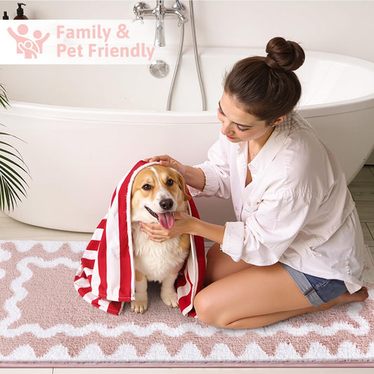 Findosom Bathroom Rugs Sets 5 Piece, Absorbent Soft Non-Slip Washable Microfiber Shaggy Bath Mat Set with Bathroom Runner Rug, U-Shaped Toilet Rugs, Shower Rug & Toilet Lid Cover, Pink-White
