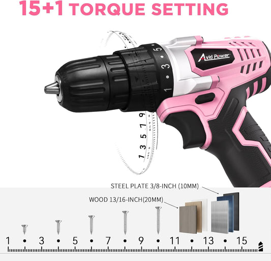 AVID POWER 20V Cordless Drill Set for Home DIY & Beginner Projects - Lightweight Power Drill with Battery Charger & 22 Bits, Variable Speed, 3/8" Keyless Chuck, Ideal for Furniture Assembly (Pink)