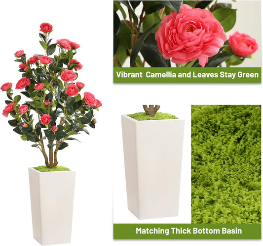Romantic Season 4FT Artificial Camellia Tree with White Tall Planter, Pink Faux Camellia Plant Flower Tree for Modern Home Office Living Room Floor Dรฉcor Outdoor Indoor๏ผPink