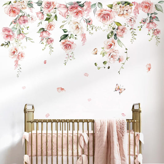 decalmile Large Pink Flower Wall Decals Hanging Vine Floral Wall Stickers Baby Nursery Girls Bedroom Living Room Wall Decor