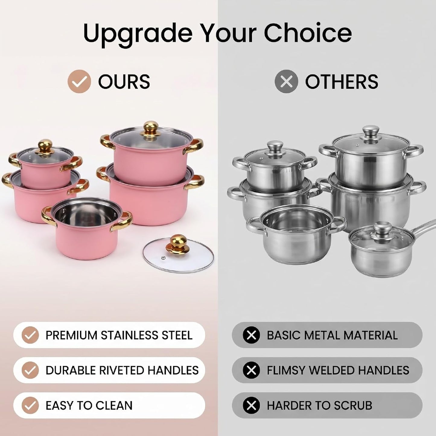 Zerodis 5Pcs Stainless Steel Stock Pot Sets, 16cm/18cm/20cm/22cm/24cm Sauce Pans with Transparent Glass Lids and Handles for Kitchen Cooking Boiling Frying Stewing (Pink)
