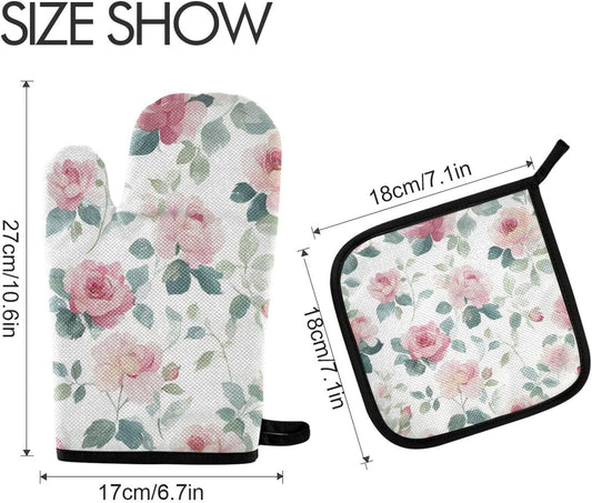 Light Pink Rose Flowers Oven Mitts and Pot Holders Set for Cooking Baking Kitchen Decor