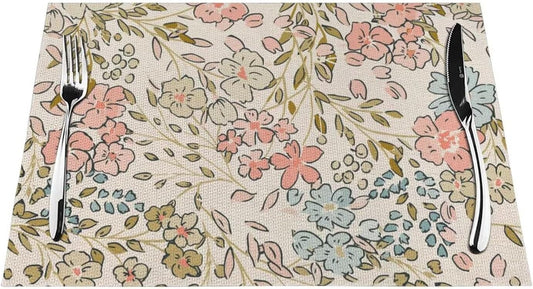 Pink Green Floral Placemats 12x18 Inch Set of 4, Cute Flower Pattern Table Place Mat Wildflowers Watercolor Washable Table Mats Decorative Linen Fabric Table Mat for Dining Table