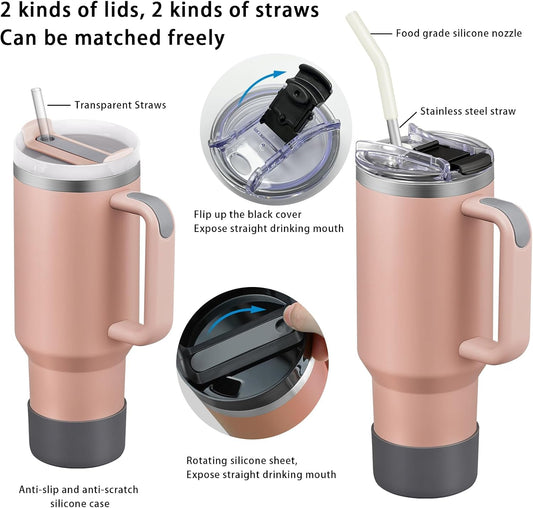 TEAMVV 40 oz Tumbler with Handle and Straw Lid,Insulated Cup Reusable 304 Stainless Steel Water Bottle Travel Mug Cupholder Friendly for Coffee,Smoothie or Water,Iced Tea(Light Pink)