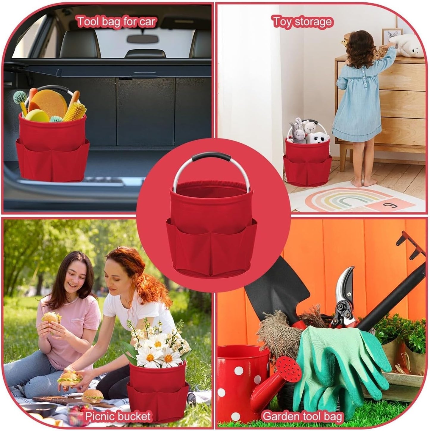 17L Large Storage Organiser Bag Folding Basket Picnic Tote Outdoor Cleaning Caddy with Handled Tool Bag Cleaning Supplies(Light Pink)