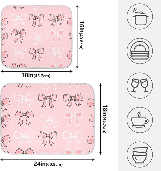 Watercolor Bows Pink Dish Drying Mat for Kitchen Counter Absorbent Microfiber Small Drying Pad Dish mats for Kitchen Countertops 16 x 18 Inch