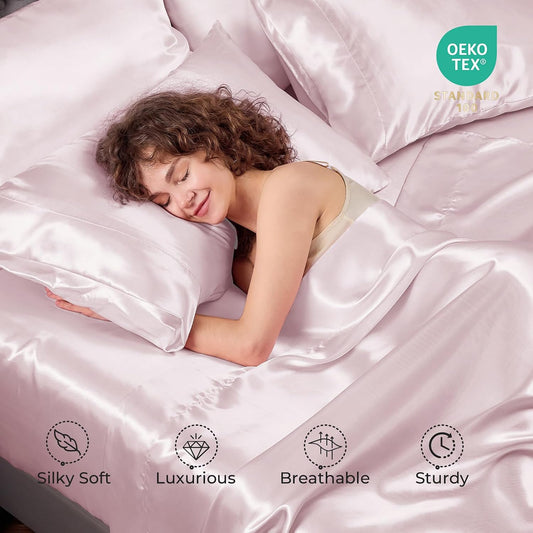 Sasttie Satin Sheets King - 4 Pieces Luxury Soft Pink Silky Bed Sheets Set with Pillowcases - Smooth Silk-Like Satin Fabric, Reinforced 14 Inches Pocket, Oeko-Tex Certified