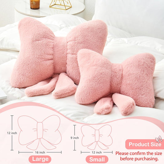 Pink Bow Pillow,12'' Bow Shaped Pillow with Faux Rabbit Fur,Soft Bow Throw Pillows Aesthetic Bow Decorative Pillows for Bed Sofa Couch Home Decor